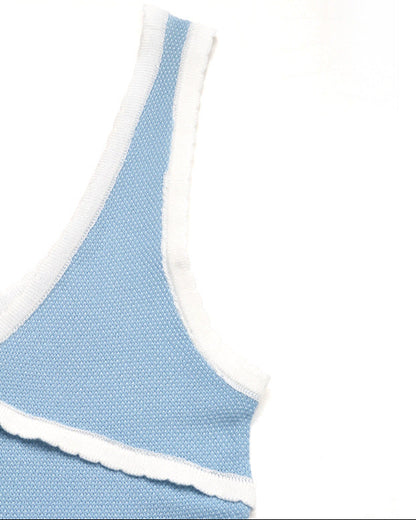 Cardydony Women's Blue Knit Cami Tank – Slim Fit with Lace Trim and Bow Detail