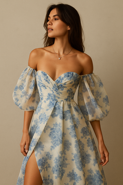 Cardydony Women's Off Shoulder Puff Sleeve Floral Maxi Dress – Sweetheart Slit Overlay Gown