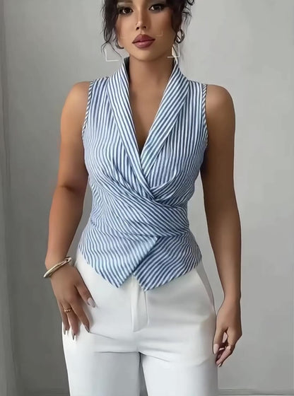 Cardydony Women's Striped Sleeveless Halter Blouse with Tie Waist – Summer Office Shirt for Women