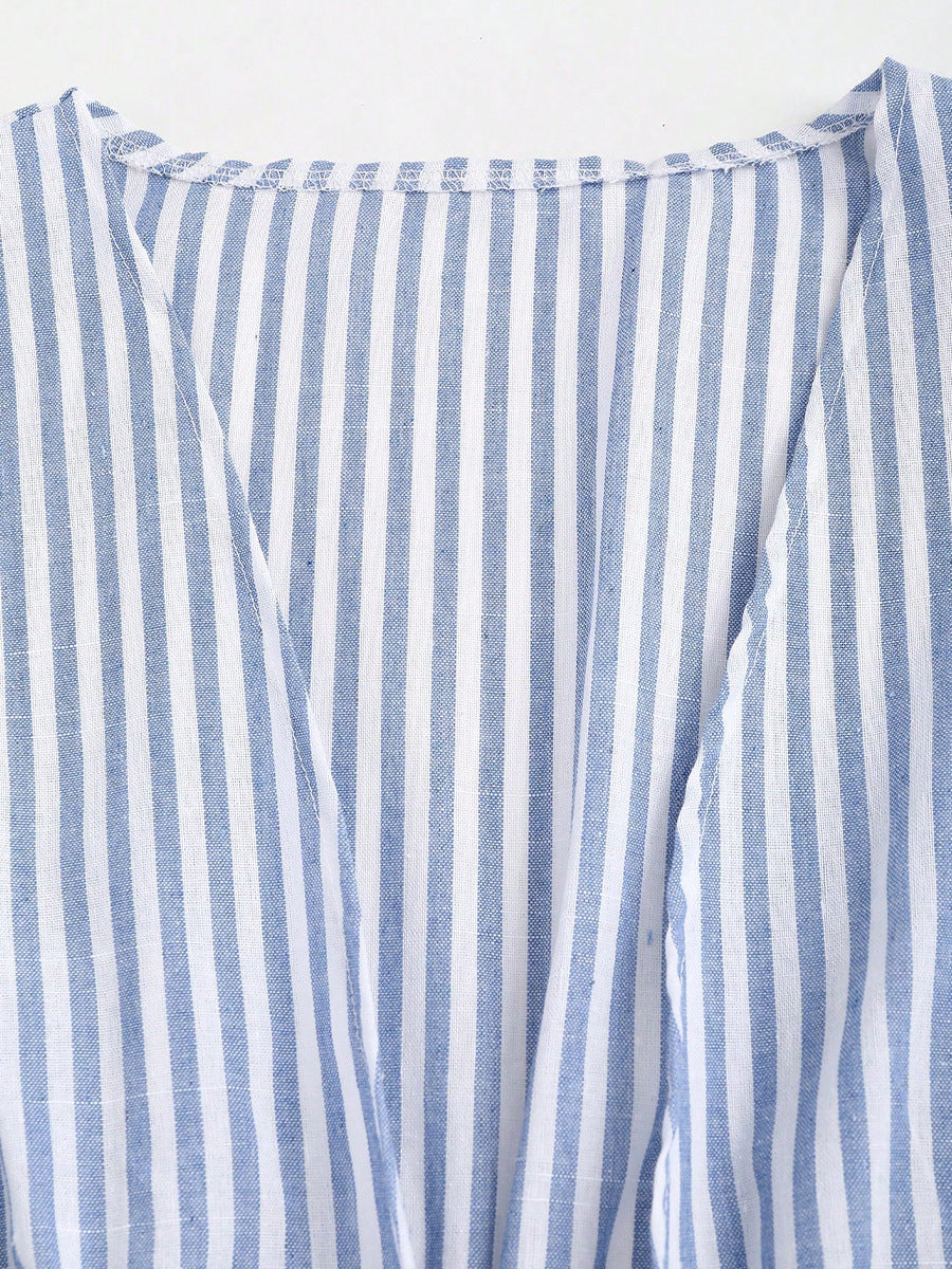 Cardydony Women's Blue Striped Tie Waist Long Sleeve Blouse – Women's Casual Top