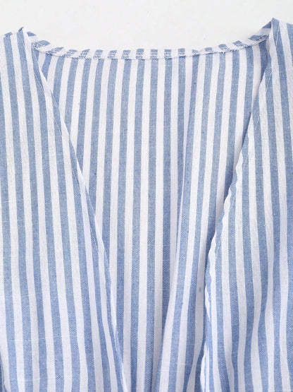 Cardydony Women's Blue Striped Tie Waist Long Sleeve Blouse – Women's Casual Top