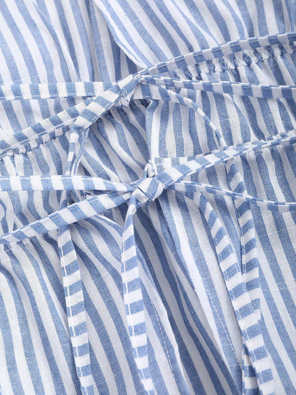 Cardydony Women's Blue Striped Tie Waist Long Sleeve Blouse – Women's Casual Top