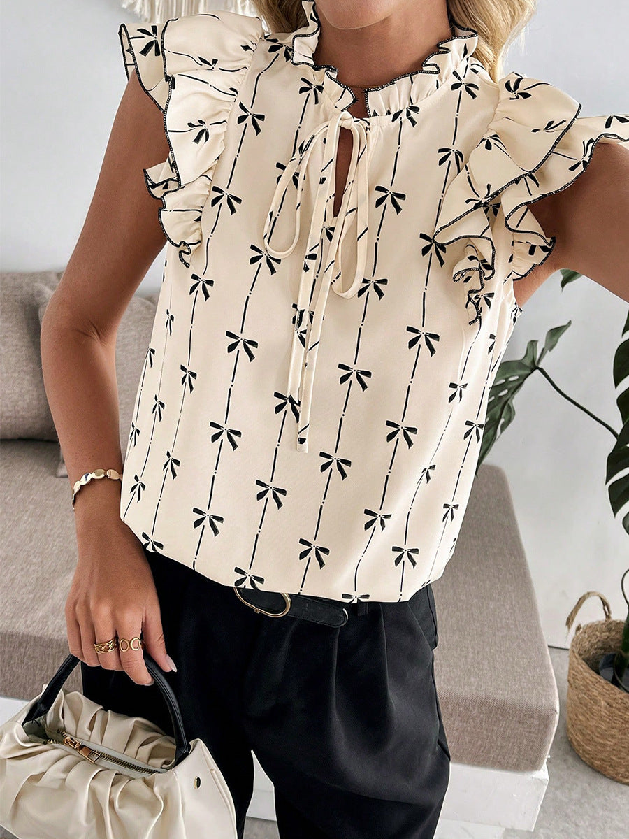 Cardydony Women's Short Sleeve Bow Print Blouse - Ruffle Sleeves Casual Top