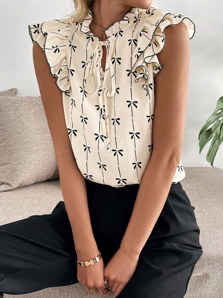 Cardydony Women's Short Sleeve Bow Print Blouse - Ruffle Sleeves Casual Top