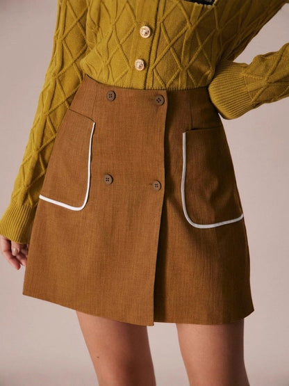 Cardydony Women's Brown A-Line Button Mini Skirt – Fall Contrast Pocket Skirt