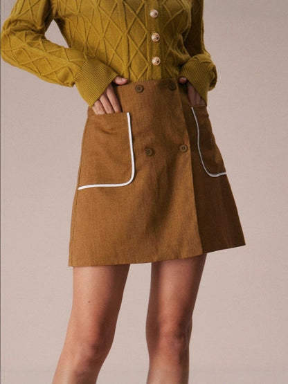 Cardydony Women's Brown A-Line Button Mini Skirt – Fall Contrast Pocket Skirt