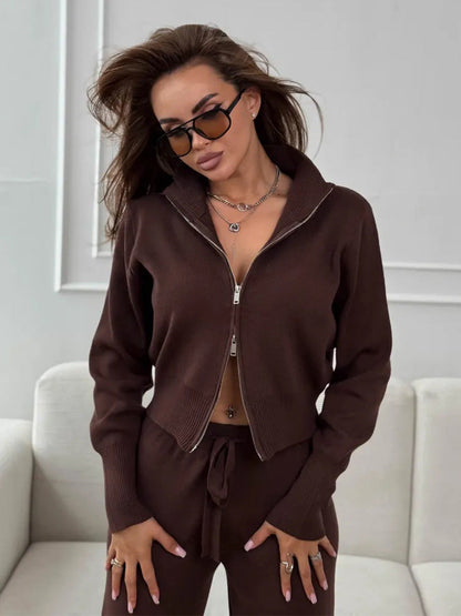 Cardydony Women's Women's Knit 2 Piece Set – Drawstring Wide Leg Pants with Zip Jacket Top