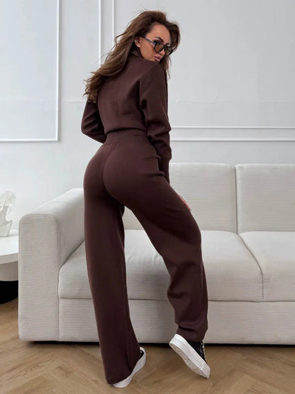 Cardydony Women's Women's Knit 2 Piece Set – Drawstring Wide Leg Pants with Zip Jacket Top