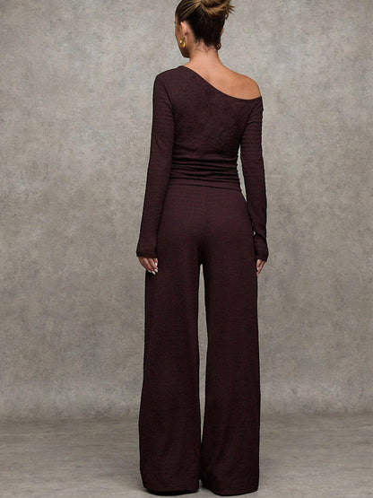 Cardydony Women's Brown Off Shoulder Knit Co Ord Set – Long Sleeve Top & Wide Leg Pants