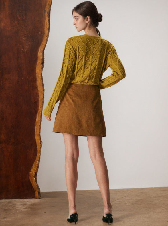 Cardydony Women's Brown A-Line Button Mini Skirt – Fall Contrast Pocket Skirt