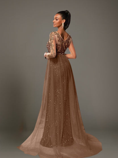 Cardydony Women's Sequin Long Sleeve Mermaid Dress with Sheer Overlay & V Back – Formal Gown