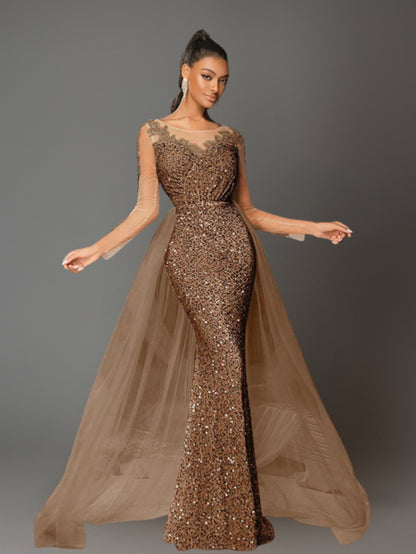 Cardydony Women's Sequin Long Sleeve Mermaid Dress with Sheer Overlay & V Back – Formal Gown