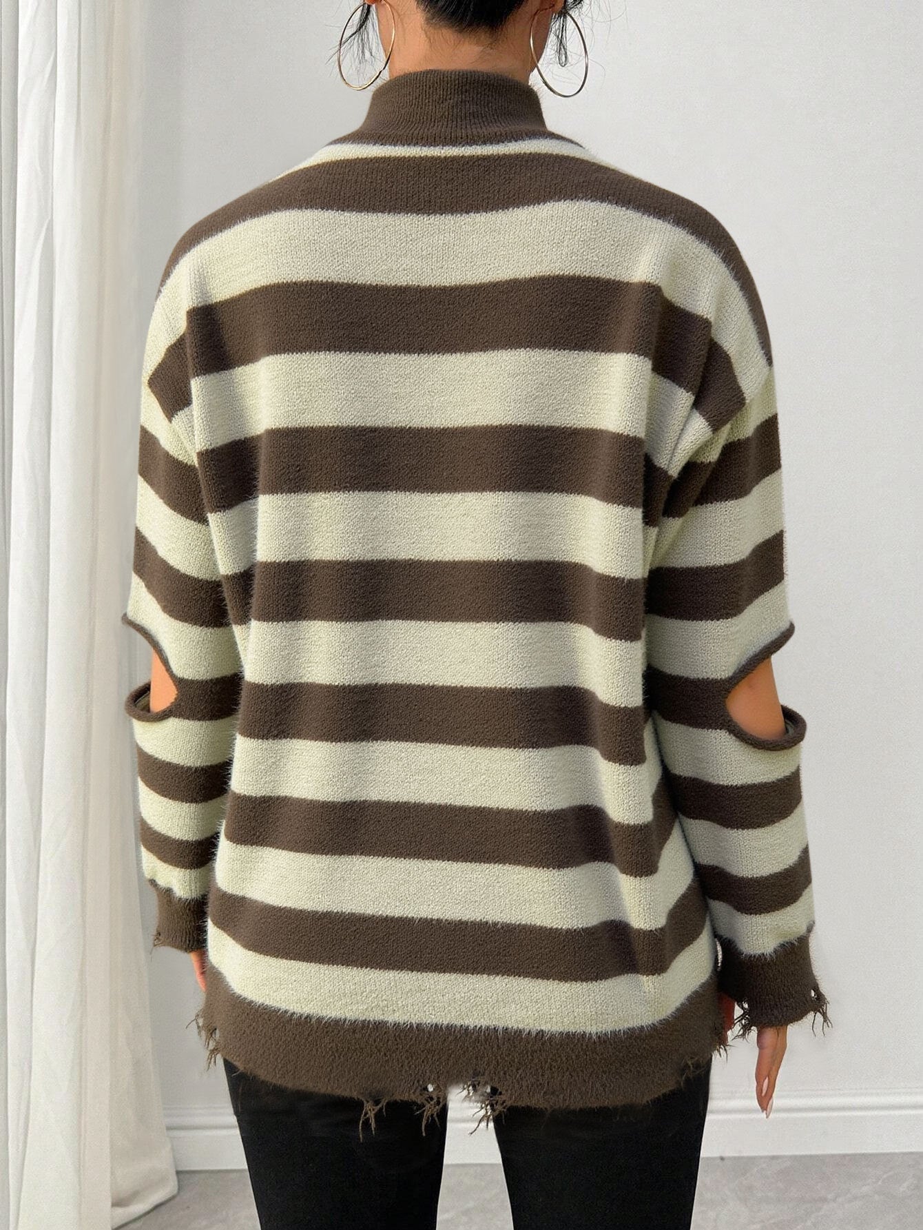 Cardydony Women's Brown Distressed Stripe Quarter Zip – Oversized Cutout Sleeve Sweater