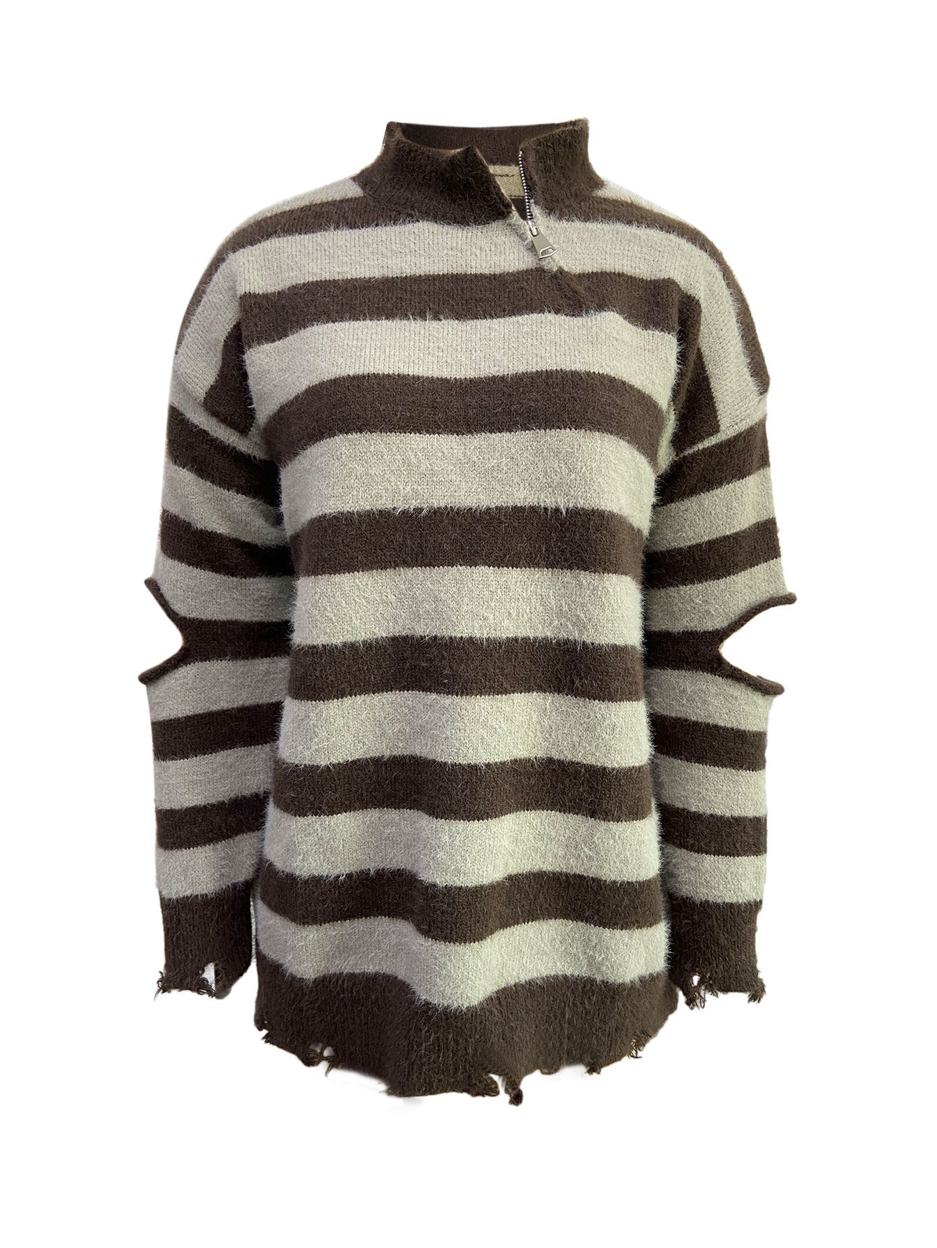Cardydony Women's Brown Distressed Stripe Quarter Zip – Oversized Cutout Sleeve Sweater