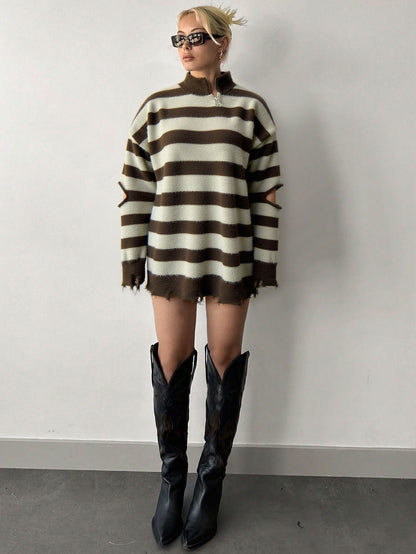 Cardydony Women's Brown Distressed Stripe Quarter Zip – Oversized Cutout Sleeve Sweater