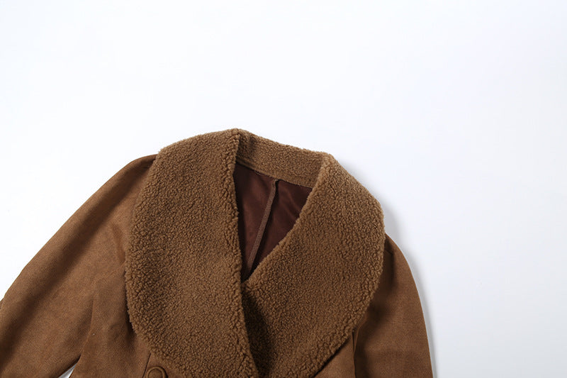 Cardydony Women's Faux Suede Fur-Trim Belted Jacket – Brown Suede Jacket