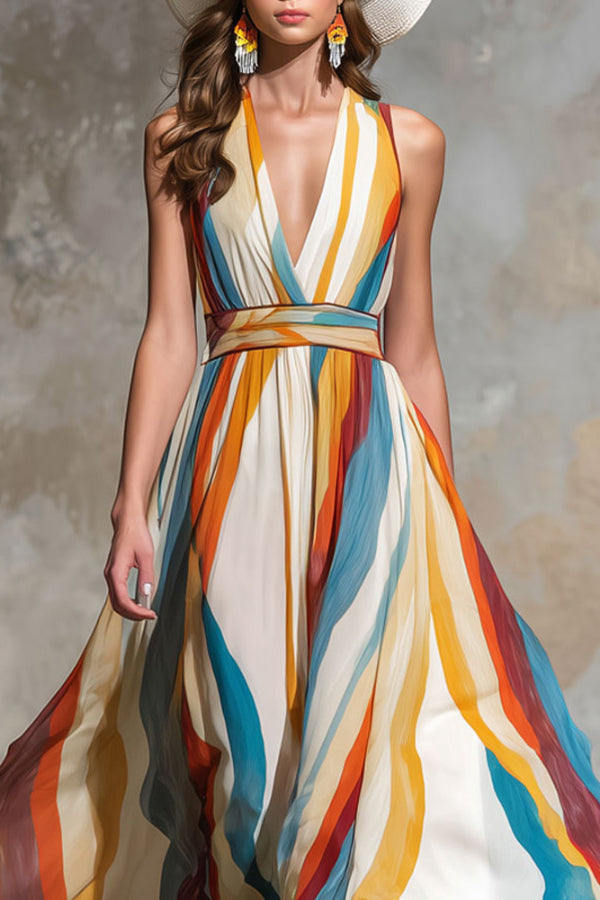 Cardydony Women's  Multi-colored Striped Print V-neck Sleeveless Fitted Waist Vacation Maxi Dress