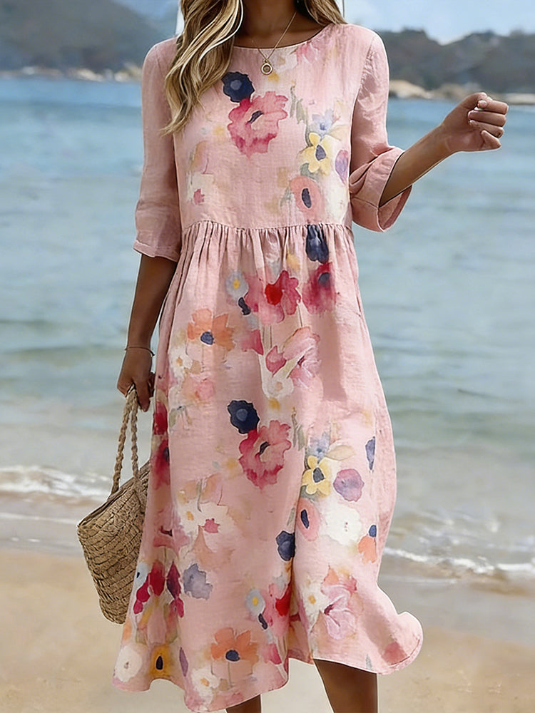 Cardydony Pink Floral Watercolor Art Comfy Linen Midi Dress