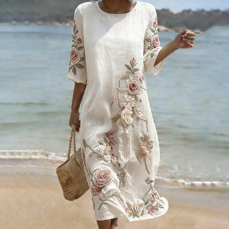 Cardydony Vintage Floral Art Pattern Linen Blend Loose Three-quarter Sleeve Dress