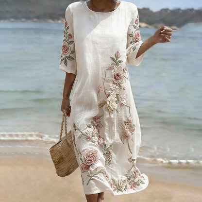 Cardydony Vintage Floral Art Pattern Linen Blend Loose Three-quarter Sleeve Dress