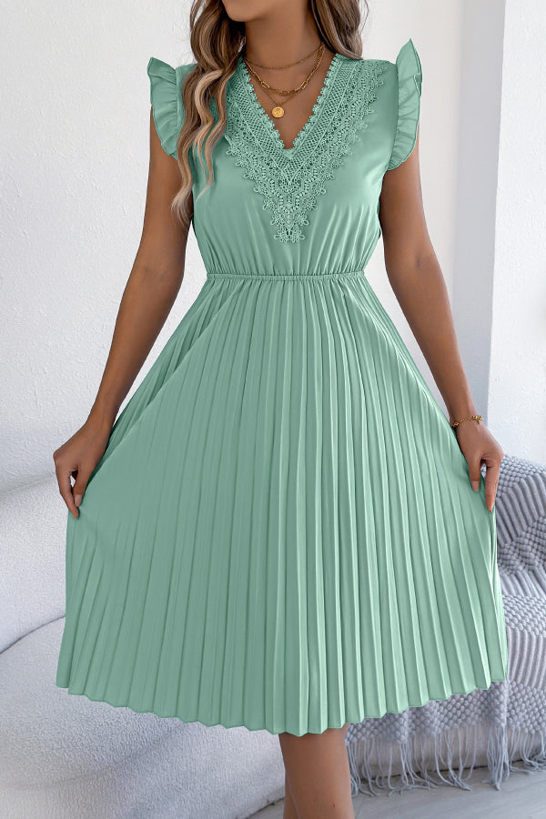 Cardydony Women's Solid Color V-neck Lace-trimmed Sleeveless Casual Pleated Midi Dress