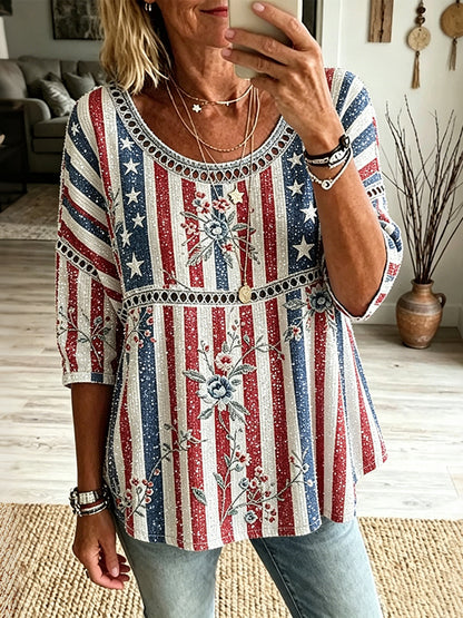 Cardydony Women's Retro Independence Day Anniversary Floral Art Three-quarter Sleeve Round Neck Top