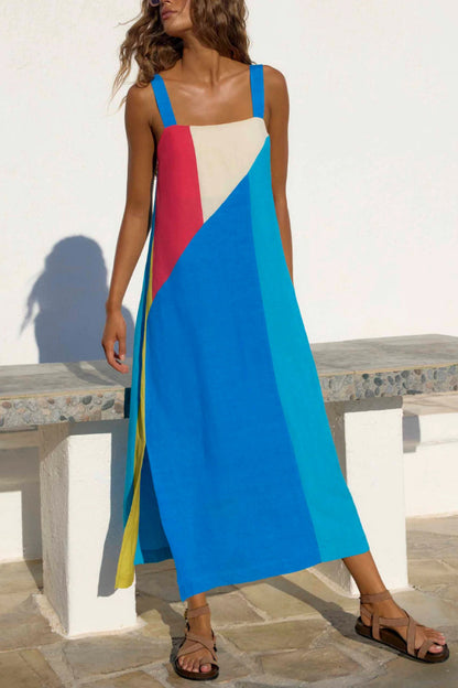 Cardydony Women's Fashionable Color-blocked Printed Square Neck Sleeveless Vacation-style Maxi Dress