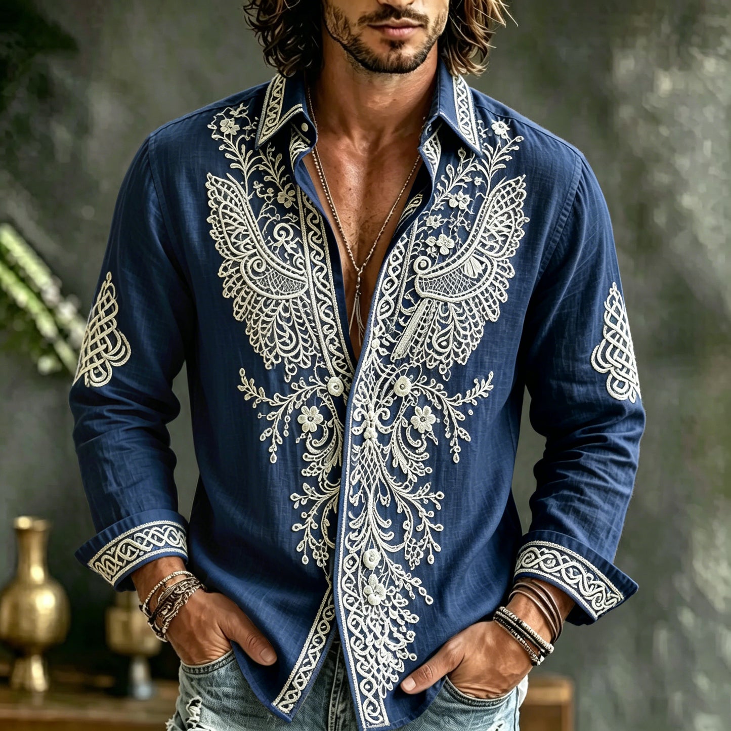 Cardydony Men's Spring Summer Viking Tribal Jacquard Wings And Floral Inspired Art Flowy Linen Blend Shirt
