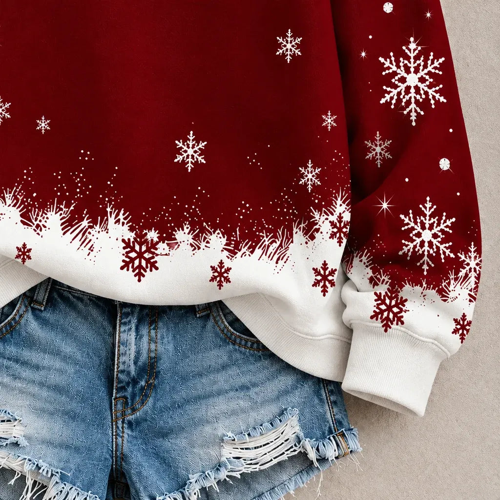 Cardydony Women's Festive Merry Christmas Snowflake Print Relaxed Fit Red Crewneck Sweatshirt