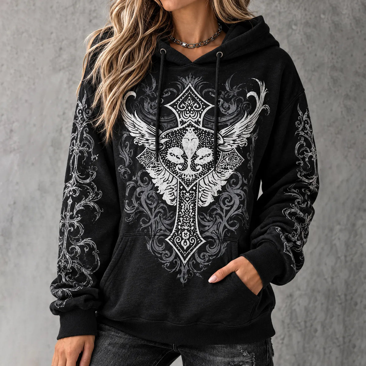 Cardydony Women's Punk Art Cross Print Hoodie