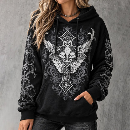Cardydony Women's Punk Art Cross Print Hoodie