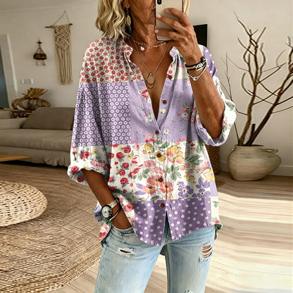 Cardydony Women's Vintage Floral Patchwork Long-sleeve Button-up Shirt