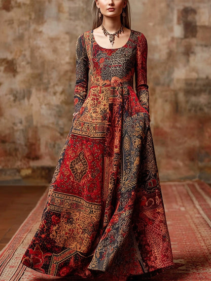 Cardydony Retro Iran Persian Pattern Inspired Flowy Linen Maxi Dress