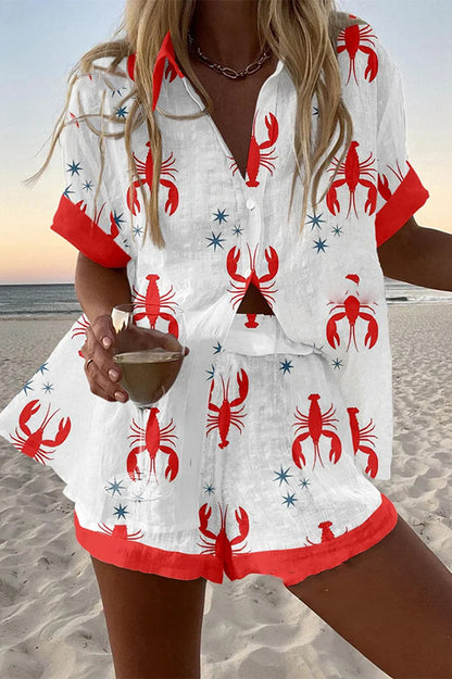 Cardydony Women's Fun Lobster Print Loose Button Elastic Waist Shorts Set