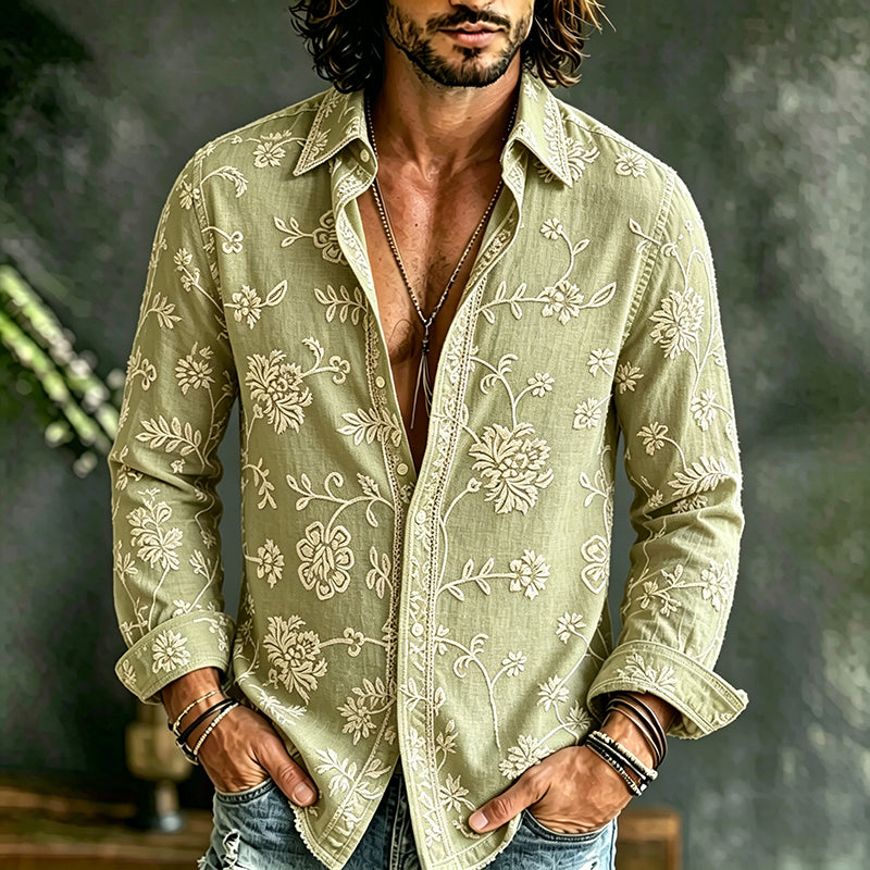 Cardydony Men's Floral Embroidered Casual Cotton Linen Long-sleeved Shirt