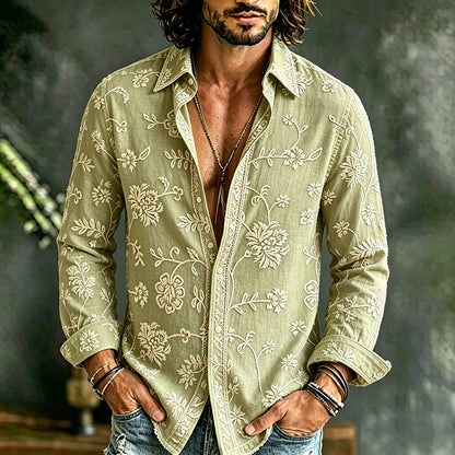 Cardydony Men's Floral Embroidered Casual Cotton Linen Long-sleeved Shirt