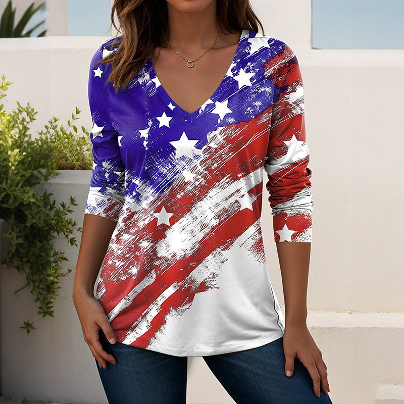 Cardydony Women's Vintage America's 250th Anniversary V Neck Long Sleeve T Shirt