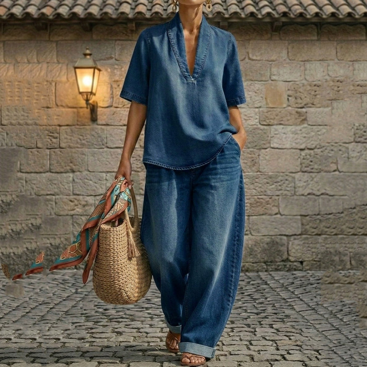 Cardydony Women's Retro Blended Cotton Washed Shirt And Pants Two-piece Set