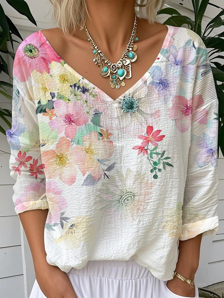 Cardydony Flower Print V-neck Linen Blend T-shirt