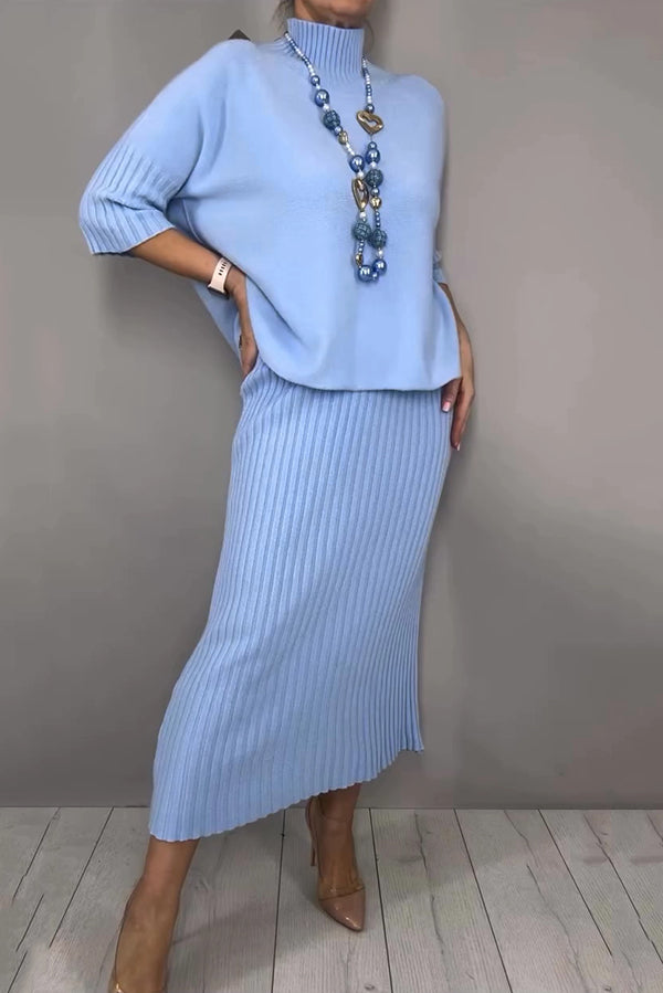 Cardydony Women's Solid Color Loose-fitting Turtleneck Knit Sweater and Stretchy Elegant Midi Skirt Set
