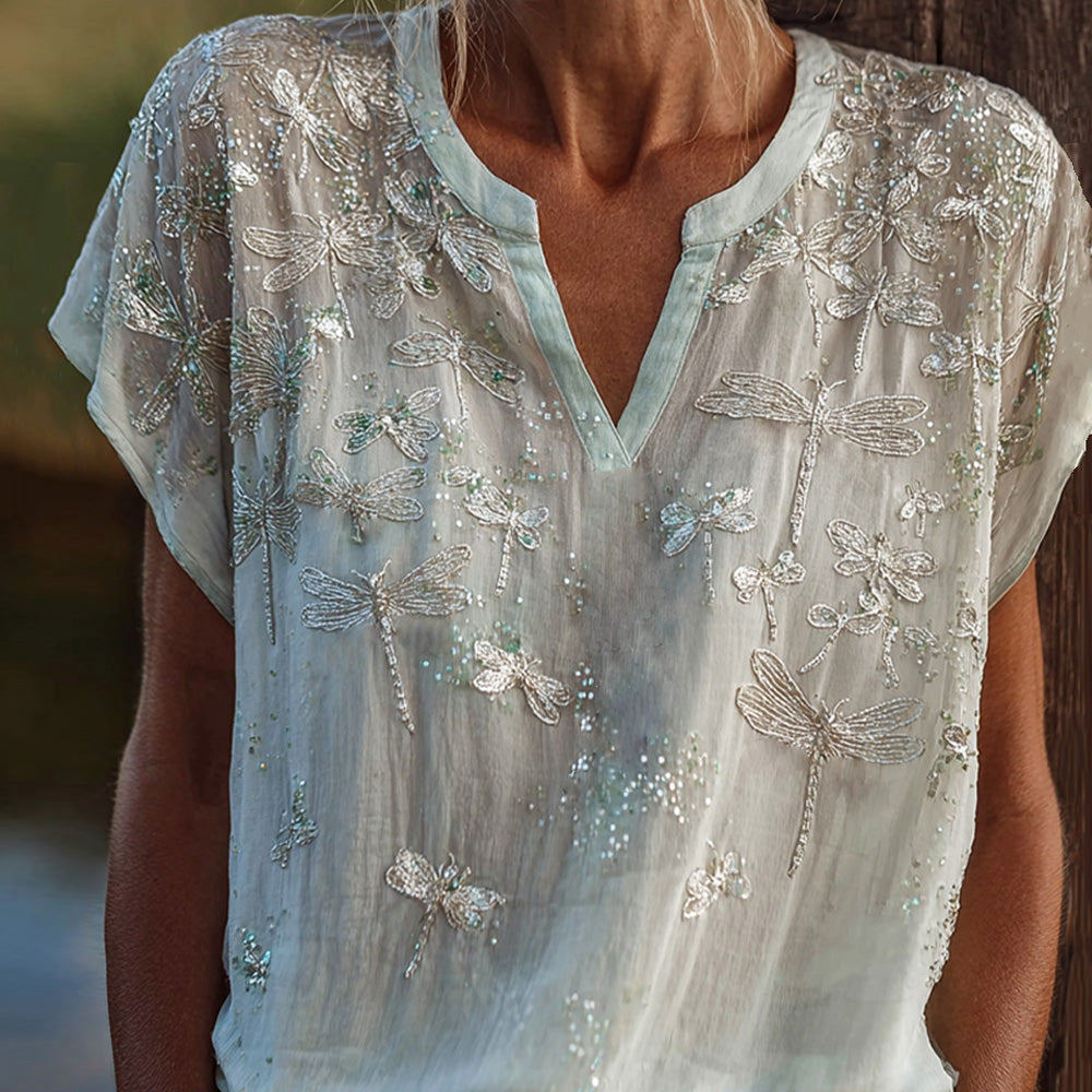 Cardydony Sheer Mesh Sequin Dragonfly Embroidery Sparkle Boho Short Sleeve Top For Women