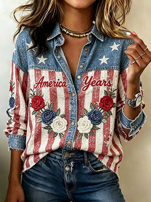Cardydony Women's Color-blocked American Flag Floral Long-sleeved Shirt