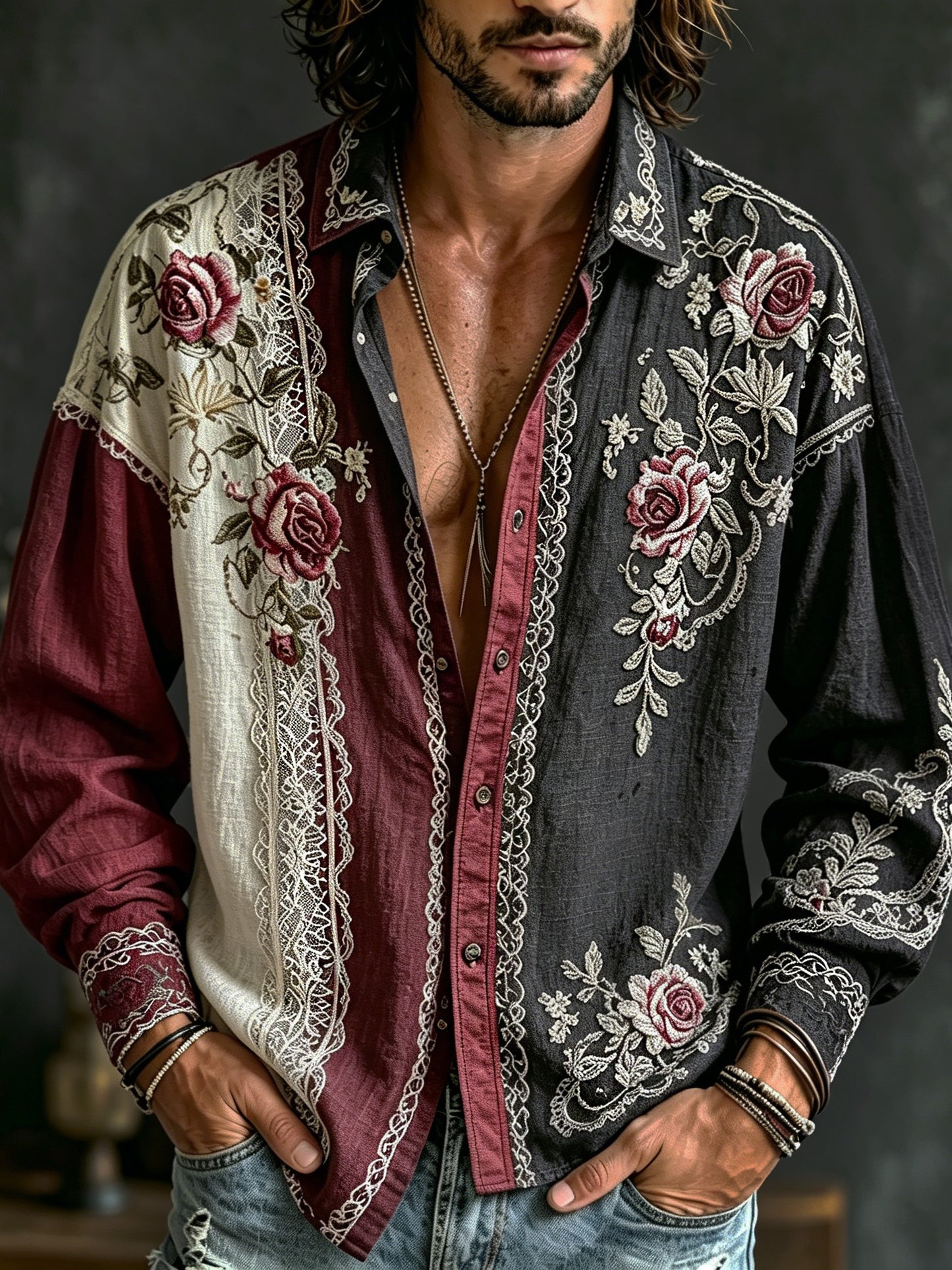 Cardydony Men's Retro Bohemian Style Floral Print Color Block Long-sleeve Shirt