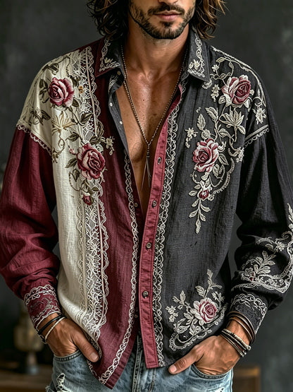 Cardydony Men's Retro Bohemian Style Floral Print Color Block Long-sleeve Shirt