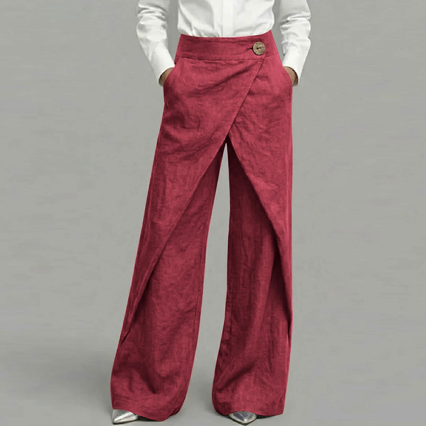 Cardydony Women's Casual Retro Slanted Button Cotton And Linen Pants