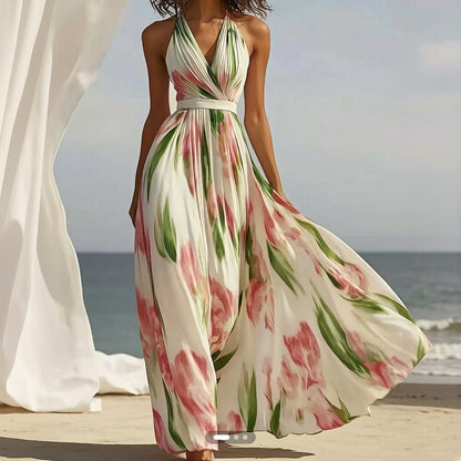Cardydony Resort Style V-neck Printed Suspender Maxi Dress