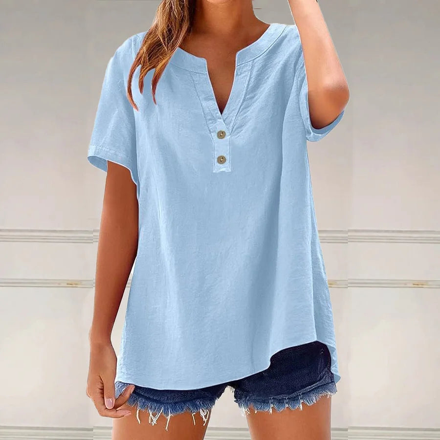 Cardydony Solid Color Linen Blended V-neck Loose Blouse