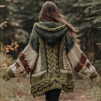 Celtic Knot Jacquard Contrast Color Thick Hooded Knit Cardigan