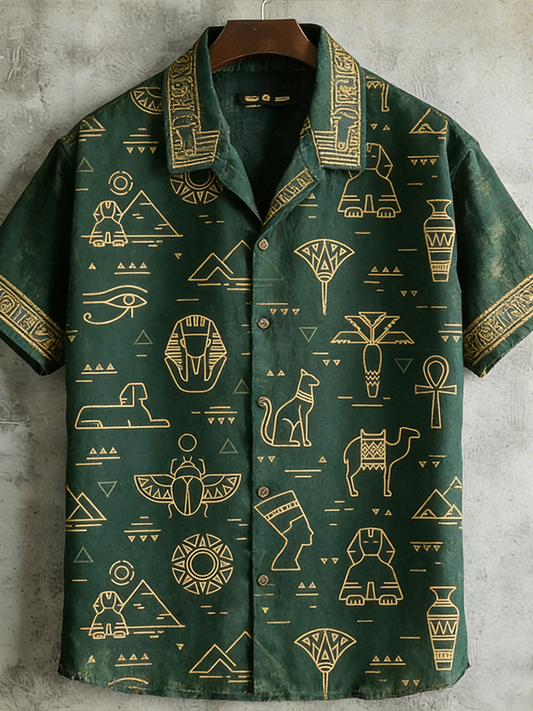 Cardydony Egyptian Tribal Pattern Retro Linen Short-sleeve Shirt