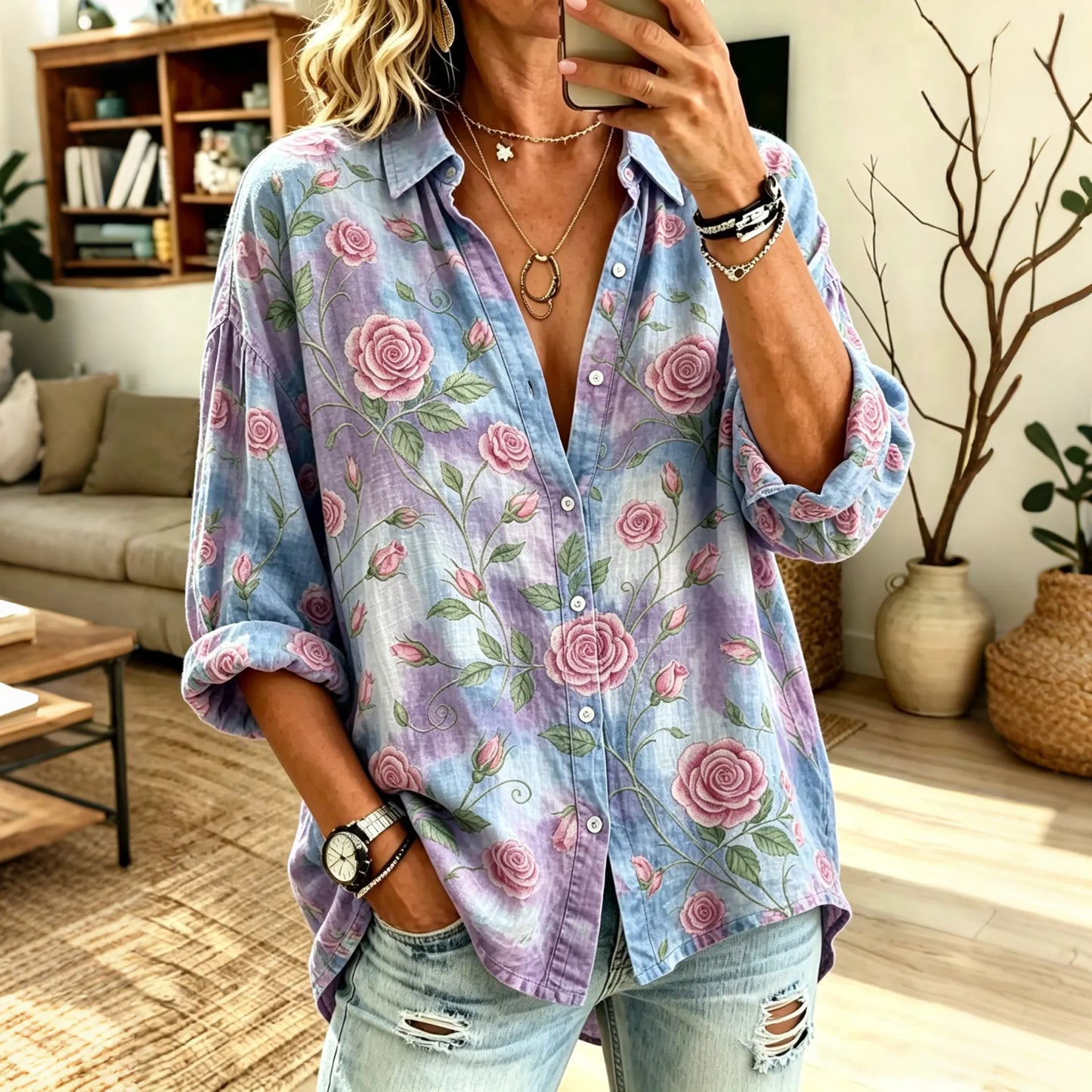 Cardydony Women's Vintage Floral In Gradient Art Print Flowy Linen Blend Long Sleeve Shirts